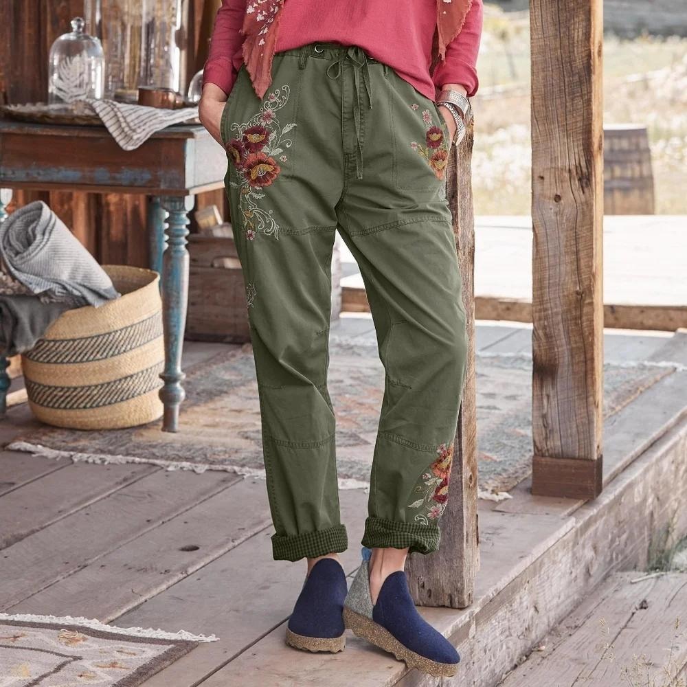 Sundance Elvira Cargo Pants Olive Green Floral Embroidered Cotton Utility Size 4